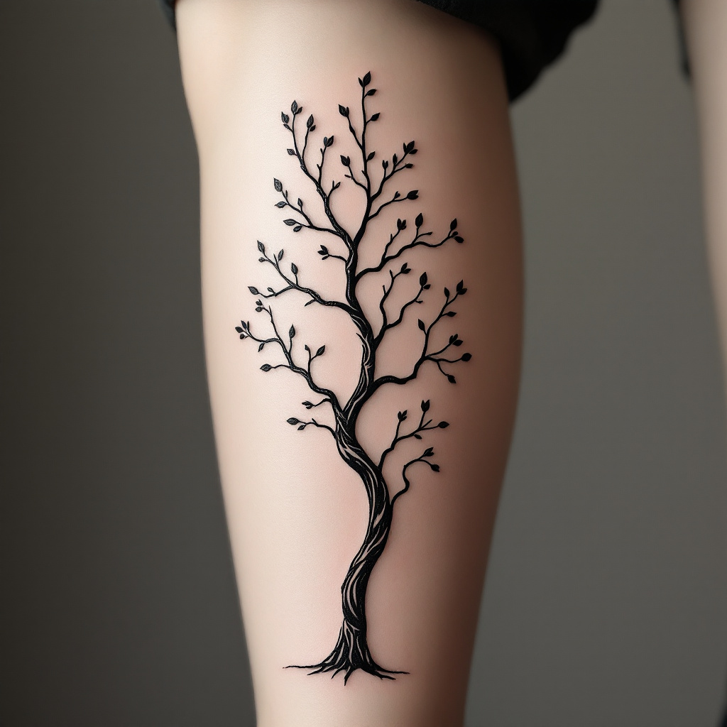 Body part: Back of the leg  
Pattern: Stylized tree silhouette design