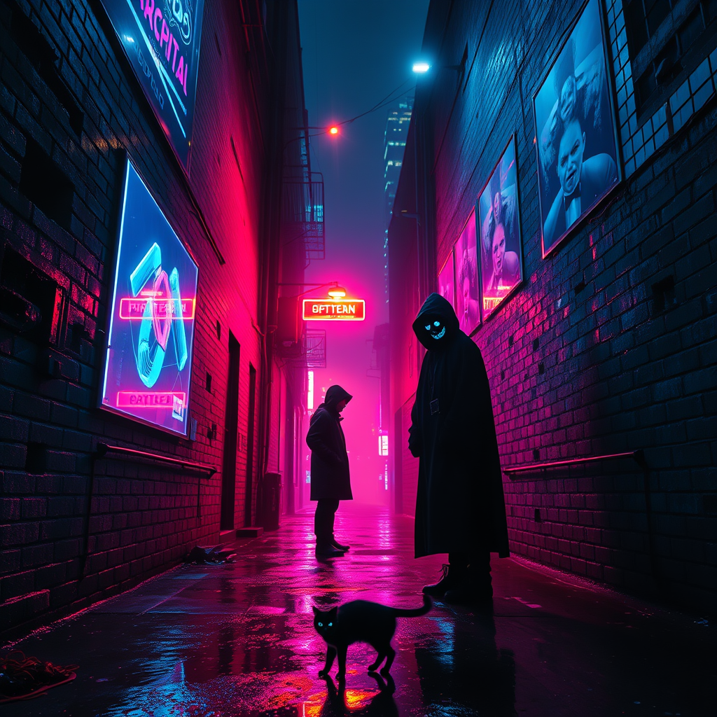 Neon-lit alley echoes; augmented whispers exchange secrets beneath flickering holograms.