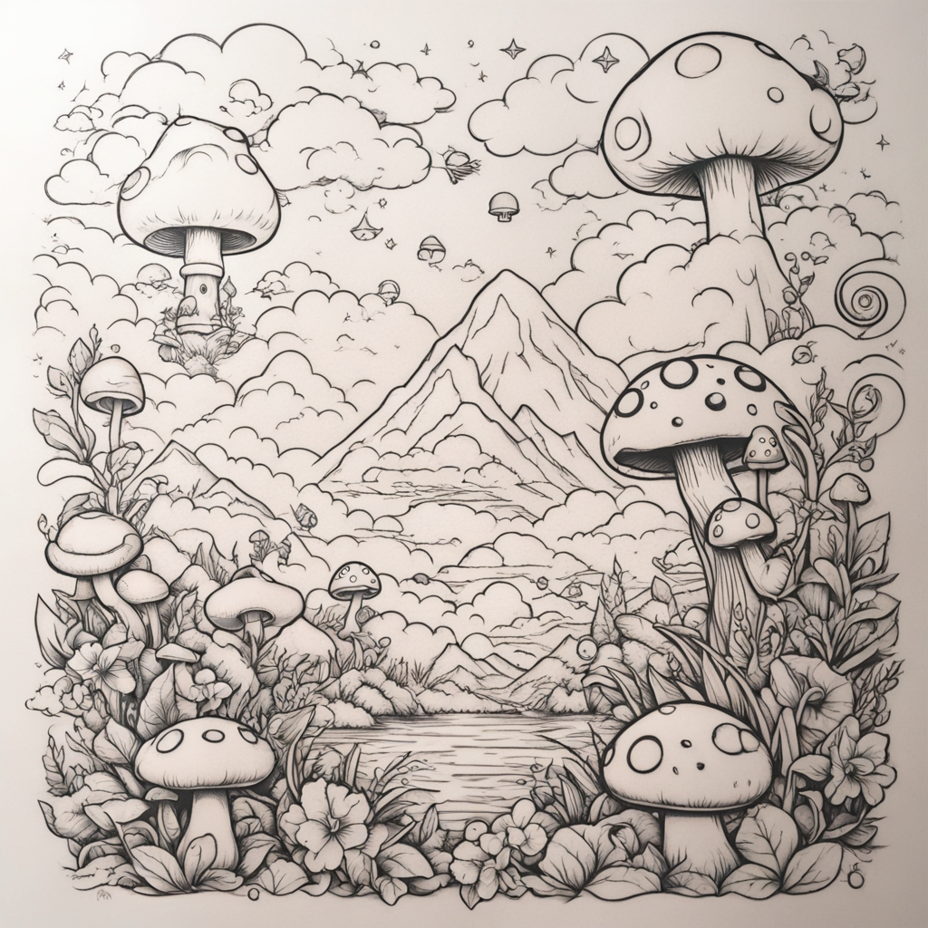 Whimsical Mario Ink: Clouds & Mushrooms in Fine Line