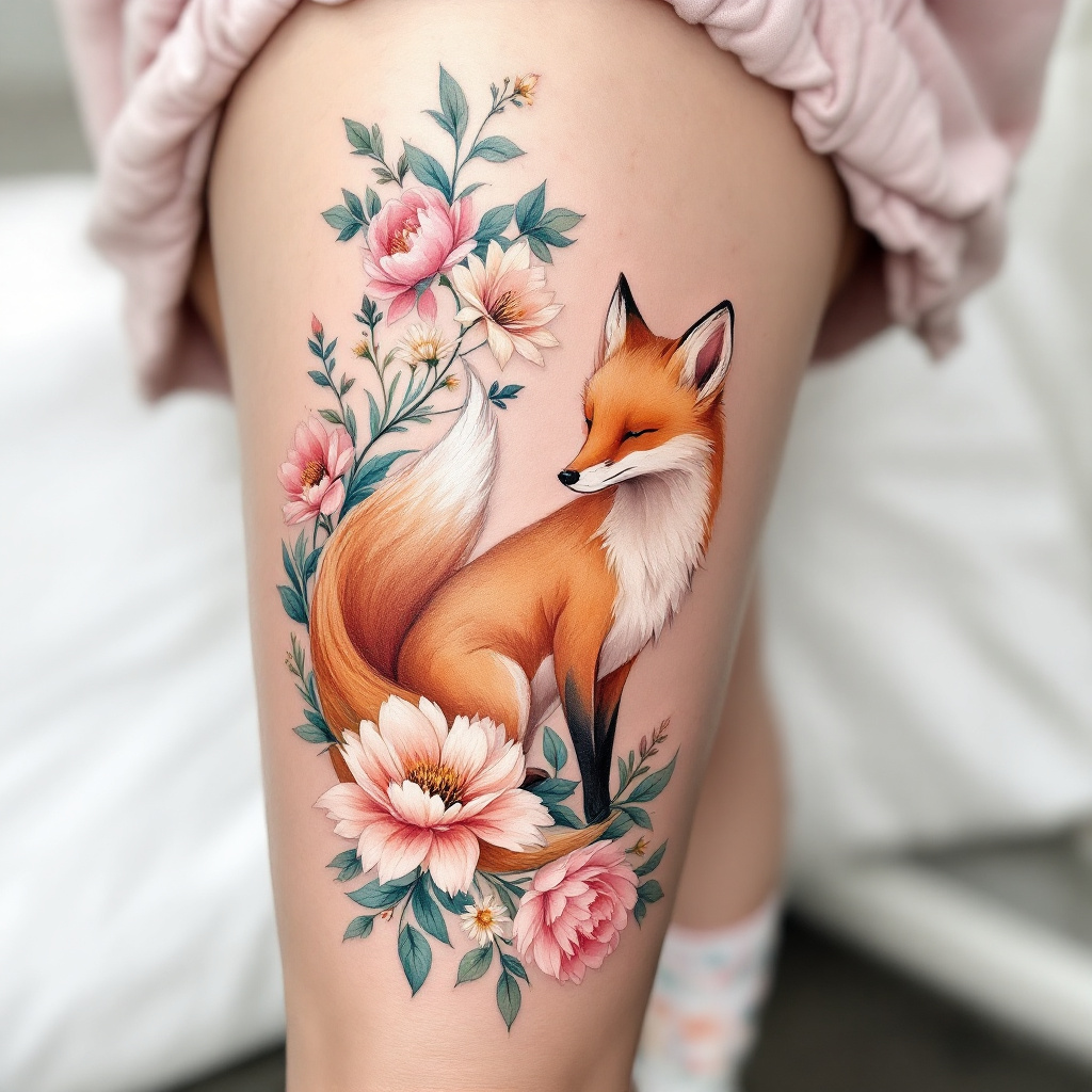 Whimsical Fox & Floral Tattoo