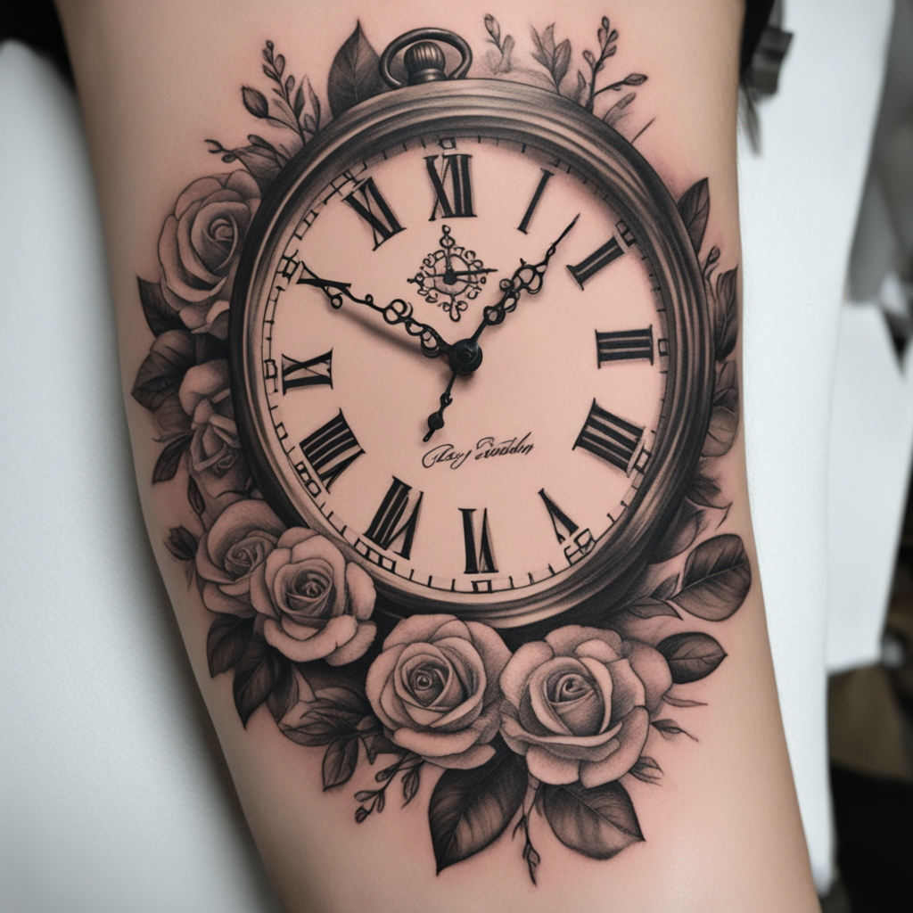 in the style of realism tattoo, with a tattoo of reloj de bolsillo 
