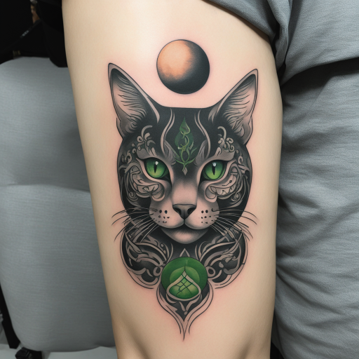 Enigmatic Feline: Tattoo Design with Moonlit Grace