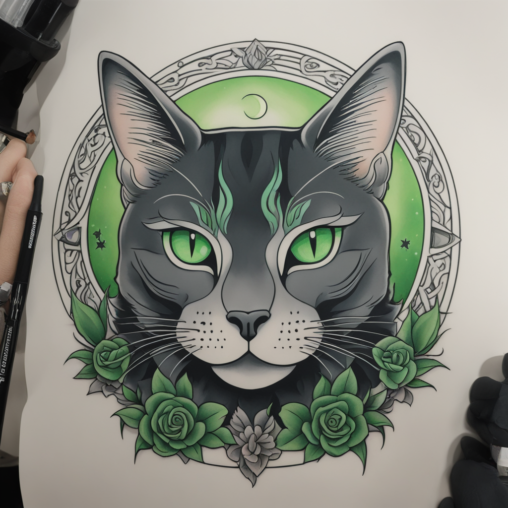 Enigmatic Feline: Neo-Traditional Moonlit Tattoo