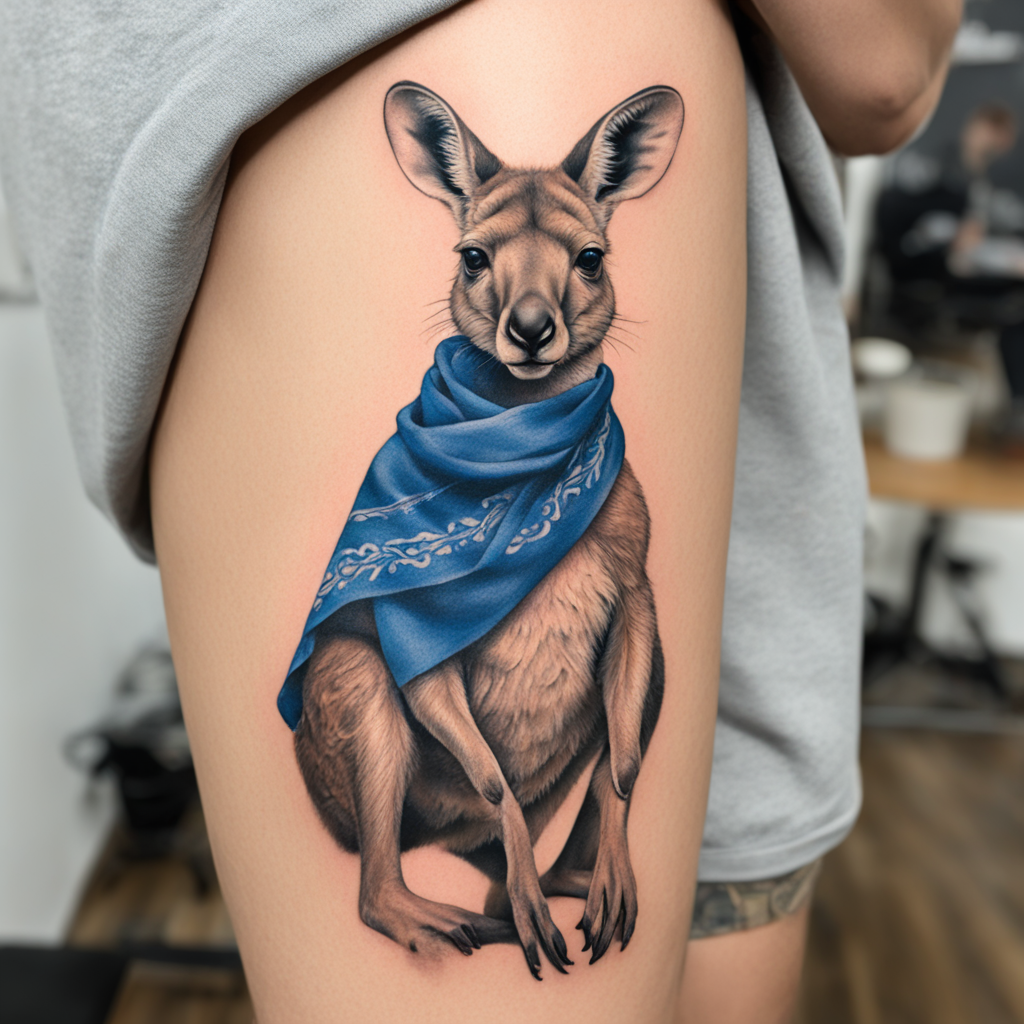 Kangaroo Cool: Realism in Ink with a Blue Bandana