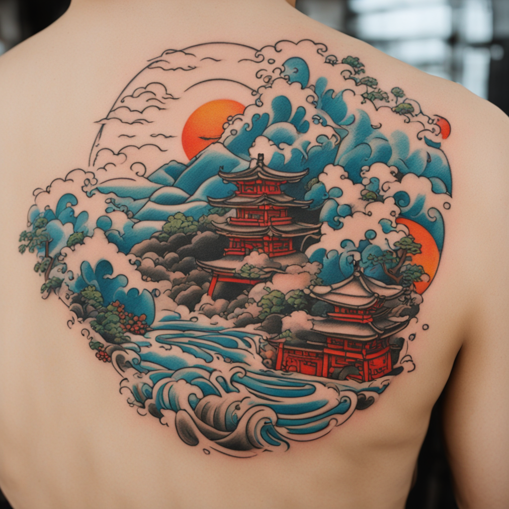 Gzhel Elegance: Tokyo's Onsen Tattoo Fusion