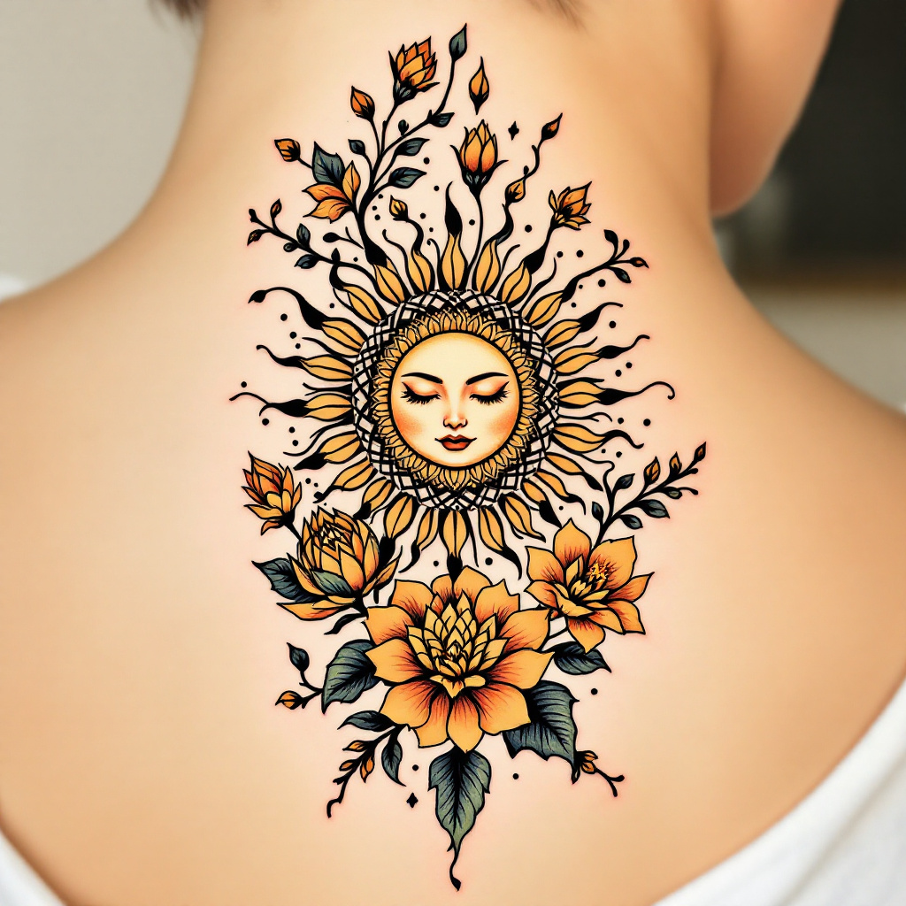 Radiant Bloom: Sun & Nature Tattoo