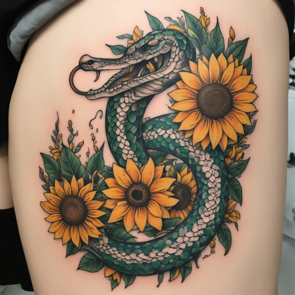 Serpent's Bloom: Inked Harmony of Snake and Sunflower