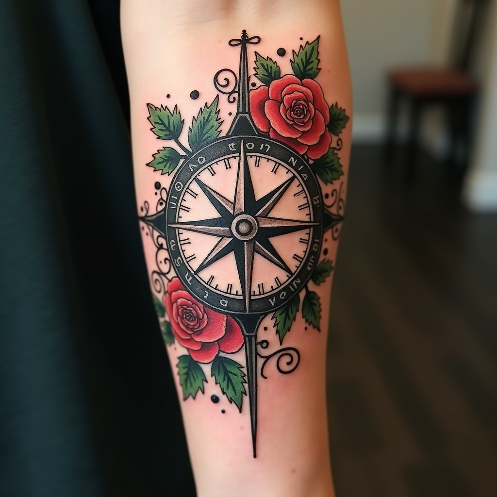 Navigating Life's Journey: A Floral Compass Tattoo