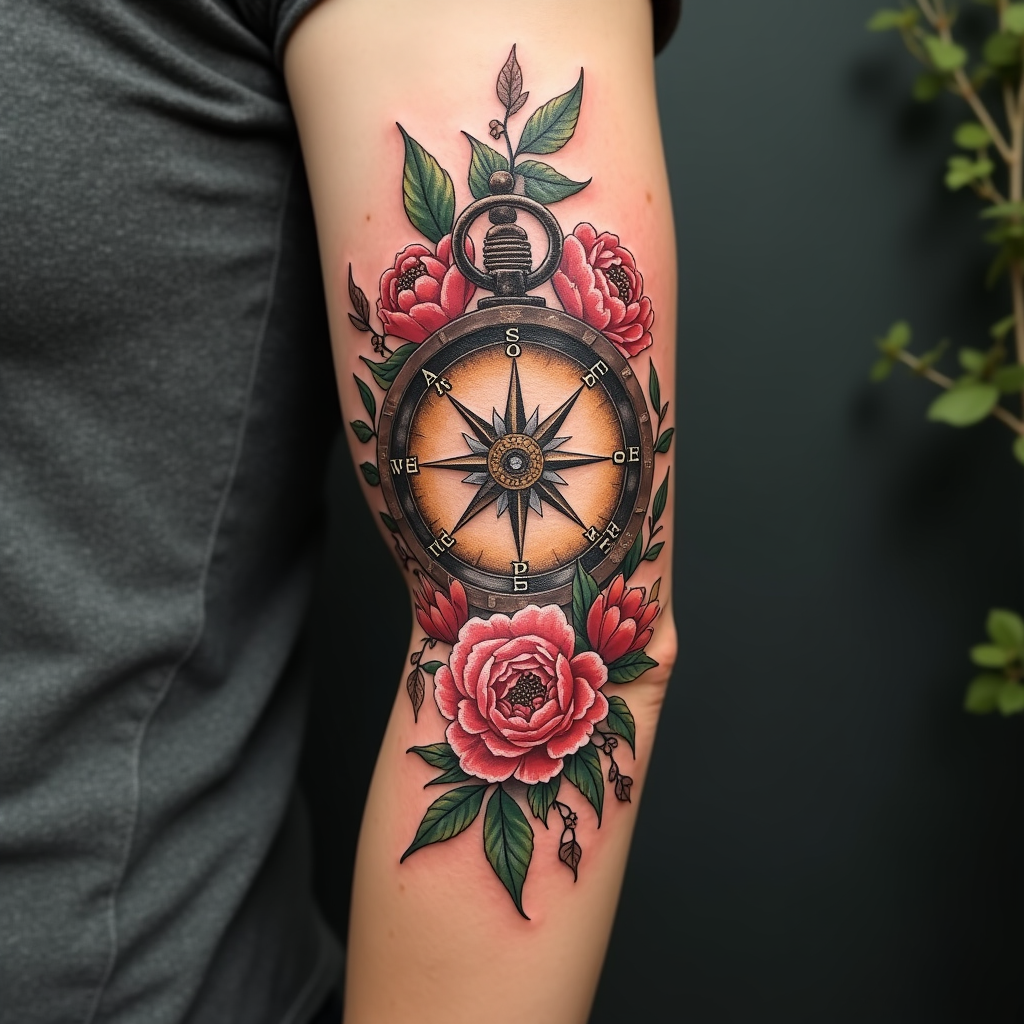 Vintage Floral Compass Tattoo