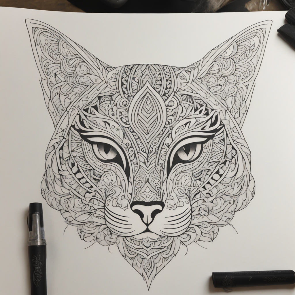 Symmetrical Māori Elegance: Tabby Cat Inked in Fine Line