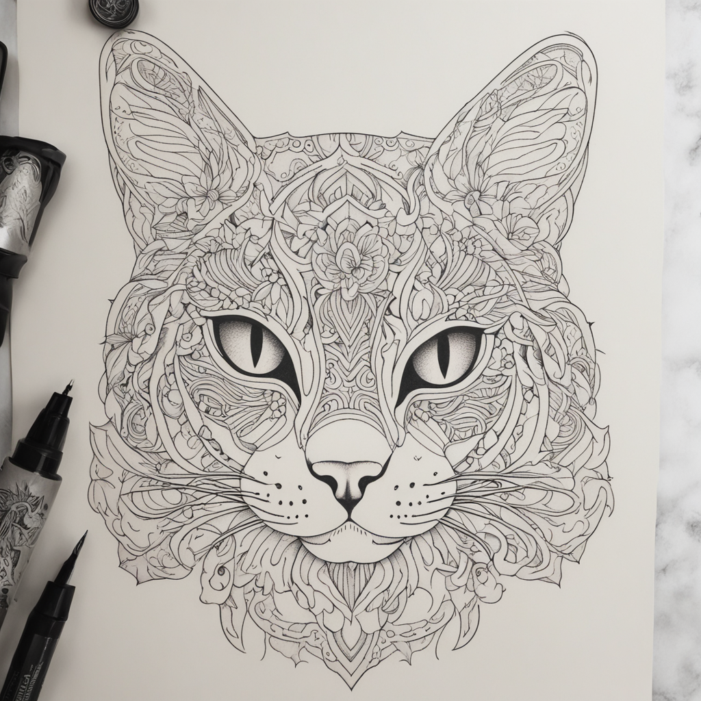 Symmetrical Elegance: Tabby Cat Fine Line Tattoo