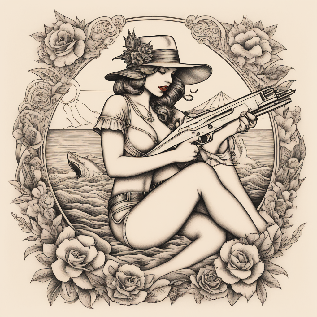 in the style of fineline tattoo, with a tattoo of A vintage illustration or retro tattoo flash style