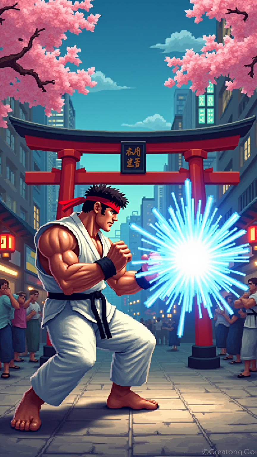 Neon Brawl: Ryu's Hadouken Showdown