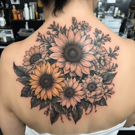 in the style of ignorant tattoo, with a tattoo of Three flowers a huge sunflower and two smaller flowers one on top on on bottom 