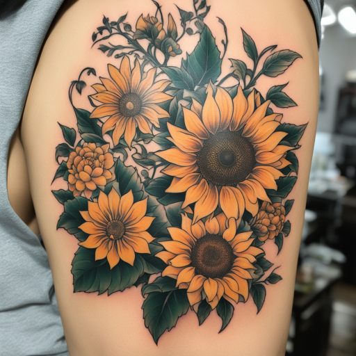 in the style of japanese tattoo, with a tattoo of Three flowers a huge sunflower and two smaller flowers one on top on on bottom 