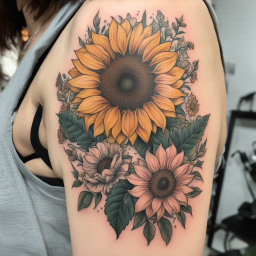 in the style of ignorant tattoo, with a tattoo of Three different types of flowers a huge sunflower in middle and two smaller different flowers one on top on on bottom 