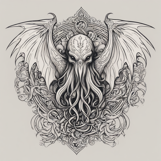 in the style of tribal tattoo, with a tattoo of Cthulhu head with Raven wings
