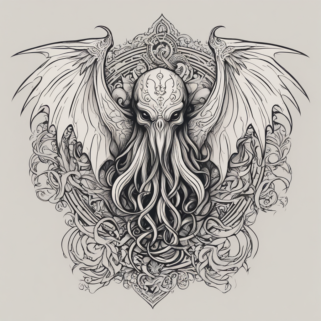 in the style of tribal tattoo, with a tattoo of Cthulhu head with Raven wings
