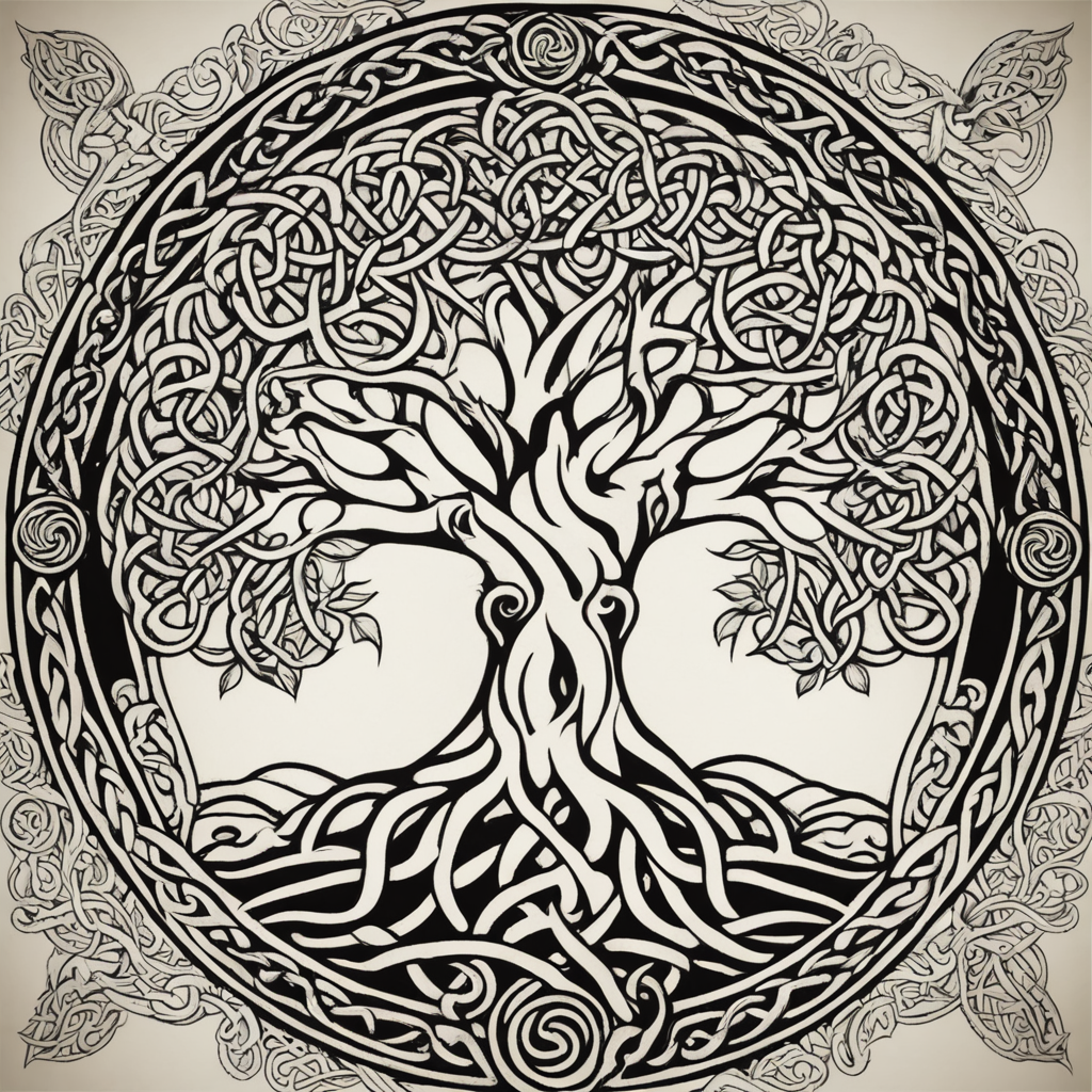 in the style of tribal tattoo, with a tattoo of Celtic Tree of life