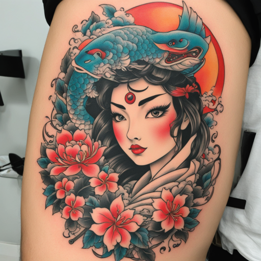 in the style of japanese tattoo, with a tattoo of Perry