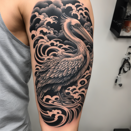 in the style of japanese tattoo, with a tattoo of Japanese Irezumi style tattoo of a pelican with dark black swirling clouds in the background only