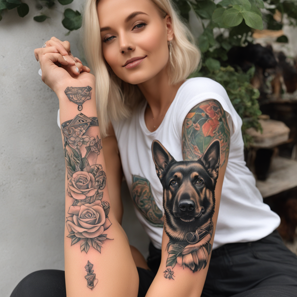 in the style of kleine tattoo, with a tattoo of Colour tattoo with a blond girl with left arm tattoo dressed vintage with money and old type car behind and next to her 2 black German shepherd one lay down and another stay sit next to her 