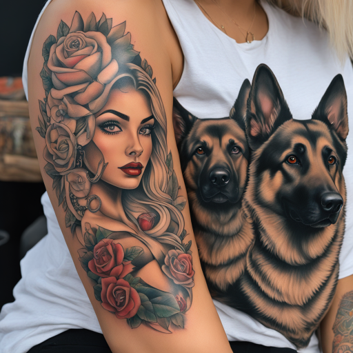 in the style of chicano tattoo, with a tattoo of Colour tattoo with a blond girl with left arm tattoo dressed vintage with money and old type car behind and next to her 2 black German shepherd one lay down and another stay sit next to her 