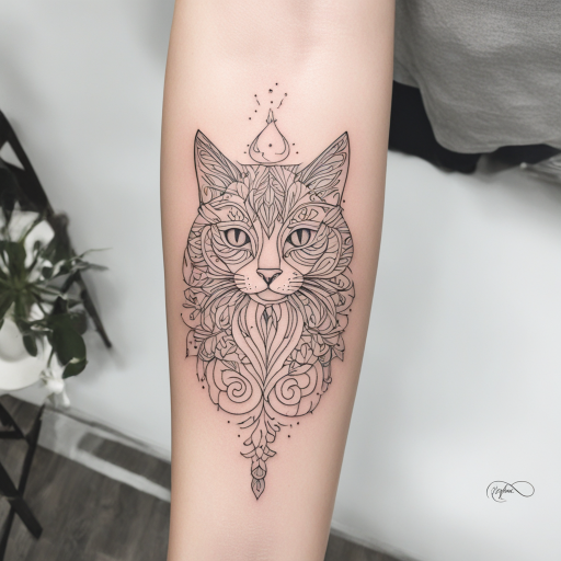 in the style of fineline tattoo, with a tattoo of cat