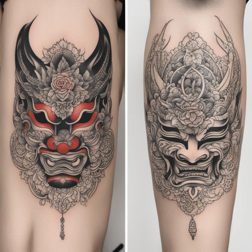 in the style of japanese tattoo, with a tattoo of Nella vita indossiamo una maschera per piacere agli altri 
In realtà dovremmo toglierci la maschera e essere ciò che vogliamo