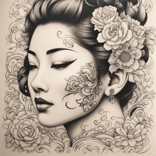 in the style of japanese tattoo, with a tattoo of Donna che si leva la maschera 
