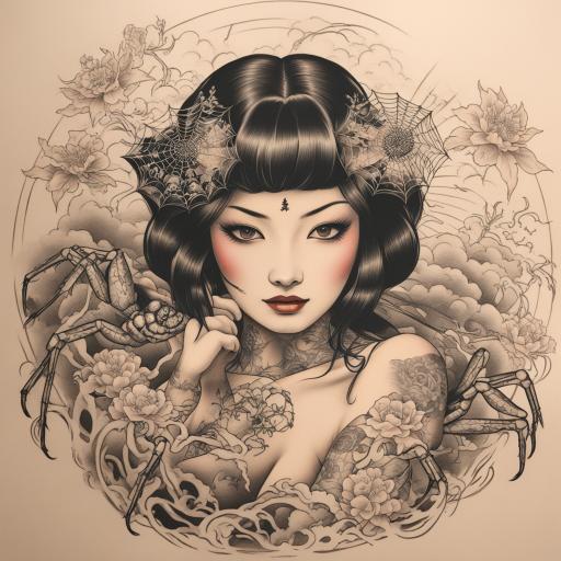 in the style of japanese tattoo, with a tattoo of beautifull japanese woman with a spider body