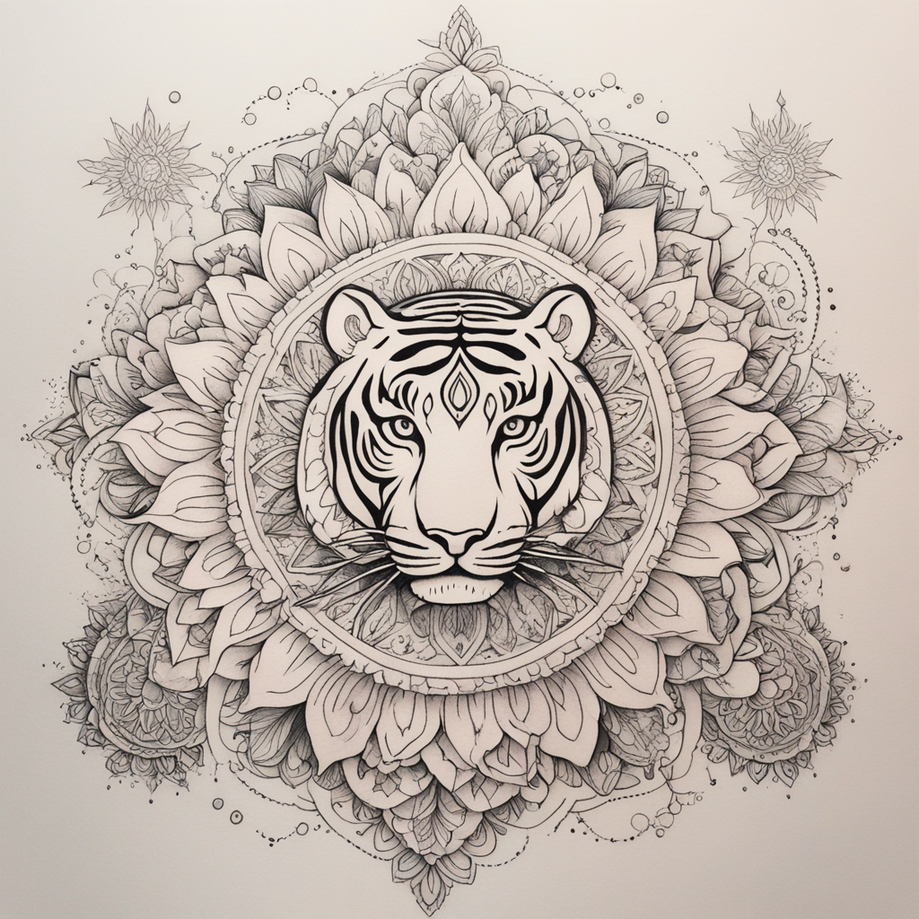 in the style of fineline tattoo, with a tattoo of I would like a full-sleeve tattoo with these concepts: 
its all Indian/Hindu concepts: tiger