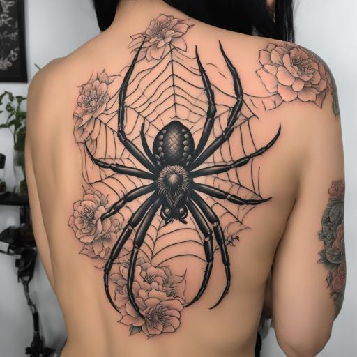 in the style of japanese tattoo, with a tattoo of beautifull japanese woman with a spider body. full view