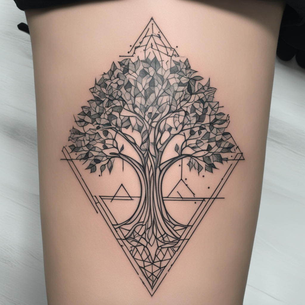 in the style of geometric tattoo, with a tattoo of Árvore genealógica abstrata de traços simples representando avós pais e filhos