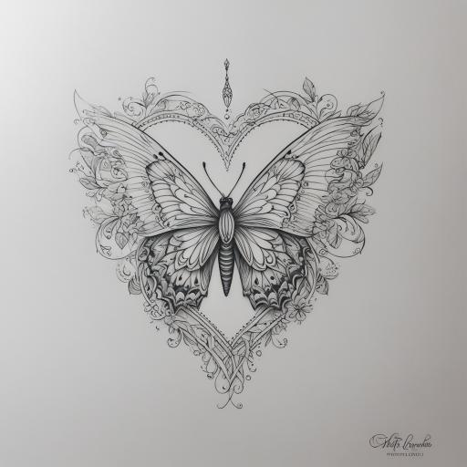 in the style of fineline tattoo, with a tattoo of Tatouage noir et blanc pour mon enfant avec coeur plume papillon etoile