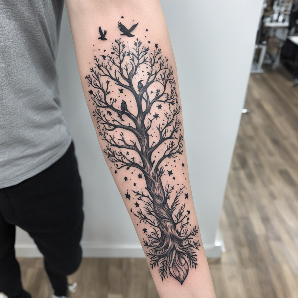 in the style of forearm tattoo, with a tattoo of poison tree with birds stars and a moon