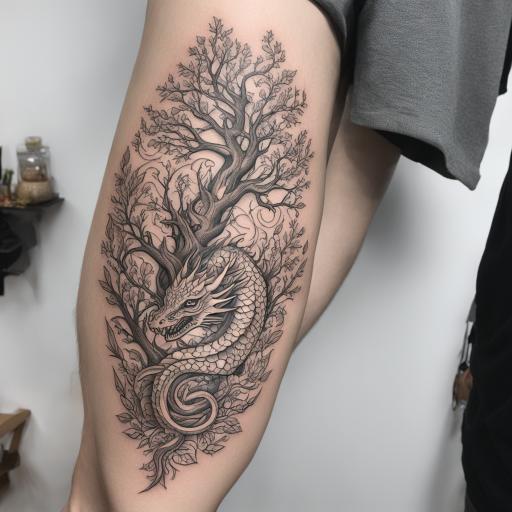 in the style of fineline tattoo, with a tattoo of Je veux un tatouage avec un dragon