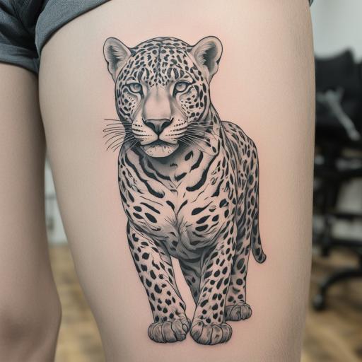 in the style of fineline tattoo, with a tattoo of jaguar full body