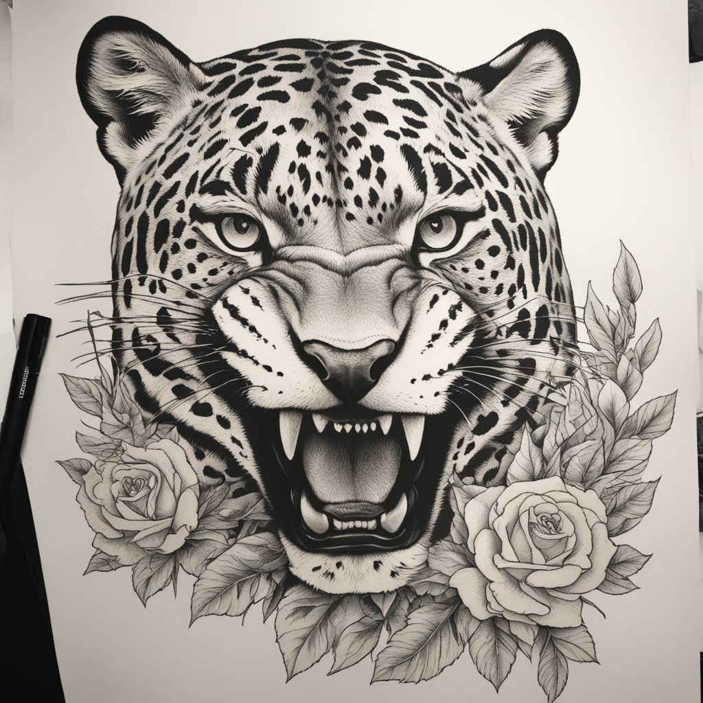 in the style of fineline tattoo, with a tattoo of jaguar attack