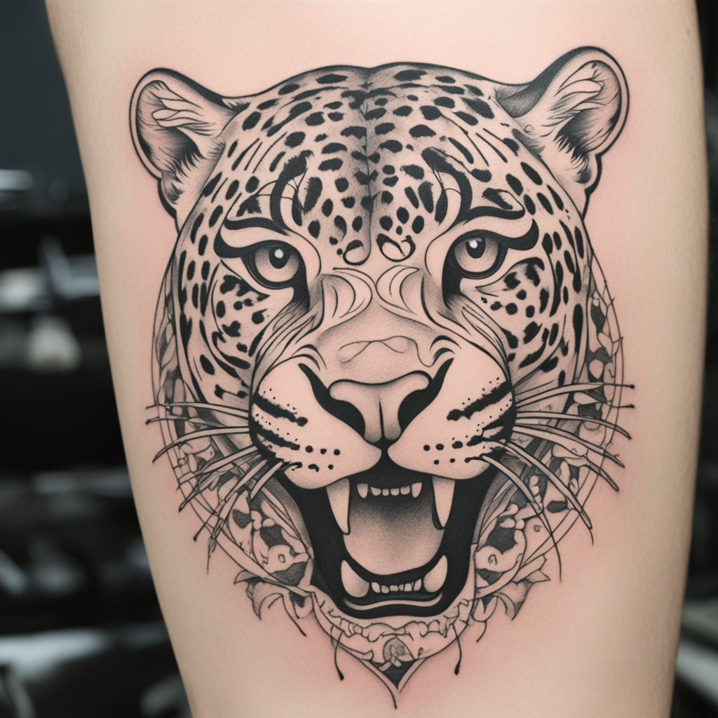 in the style of fineline tattoo, with a tattoo of jaguar jugando