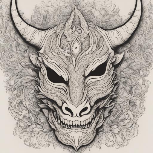 in the style of fineline tattoo, with a tattoo of dragon mask