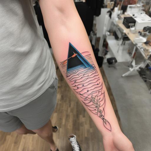 in the style of fineline tattoo, with a tattoo of pink floyd