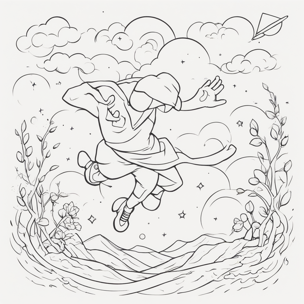 in the style of fineline tattoo, with a tattoo of a man falling from the sky with a cartoonish minimalistic style. I want him to be facing the ground
