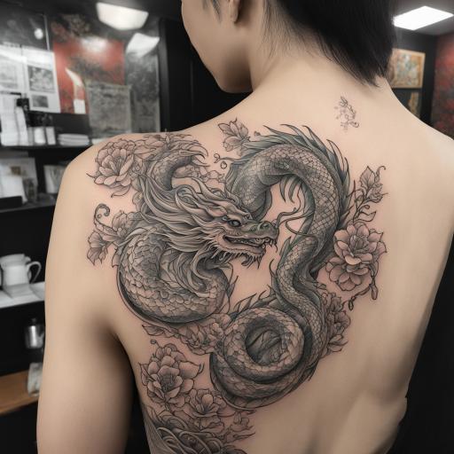 in the style of fineline tattoo, with a tattoo of Chinese dragon and snake couple loving full back new school 