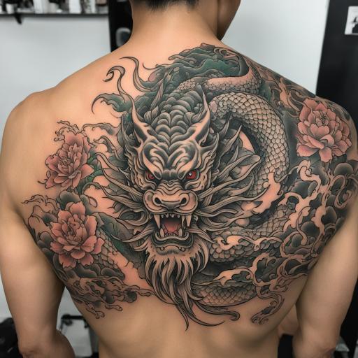 in the style of fineline tattoo, with a tattoo of 龙蛇缠绕 new school 满背