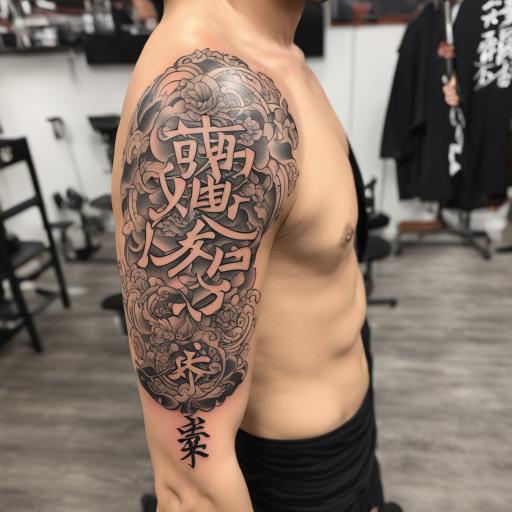 in the style of japanese tattoo, with a tattoo of Anime written in kanji