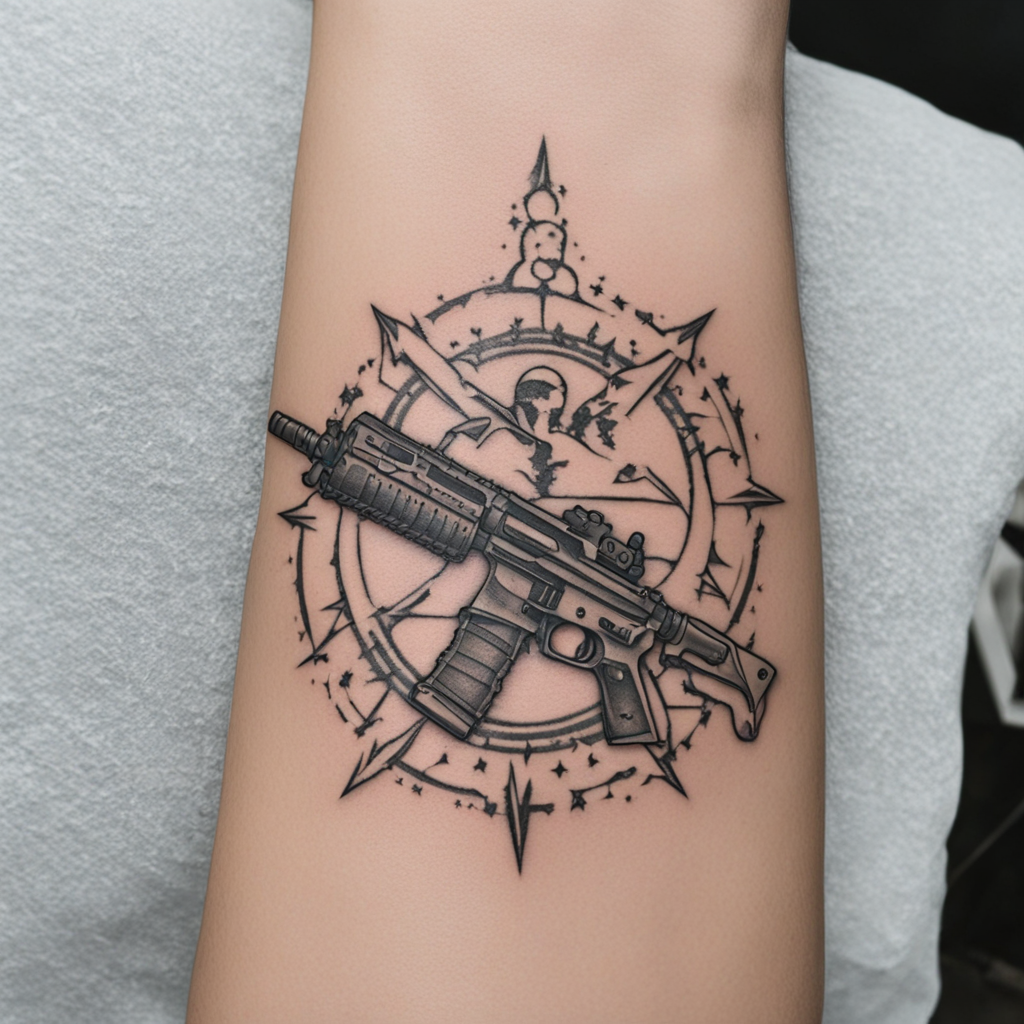 in the style of fineline tattoo, with a tattoo of simple tattoo inspired in counter strike
