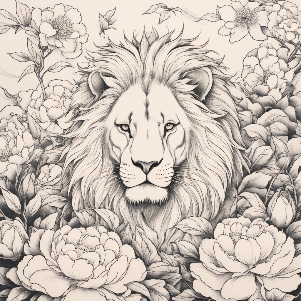 in the style of japanese tattoo, with a tattoo of a lion resting under peonia flowers