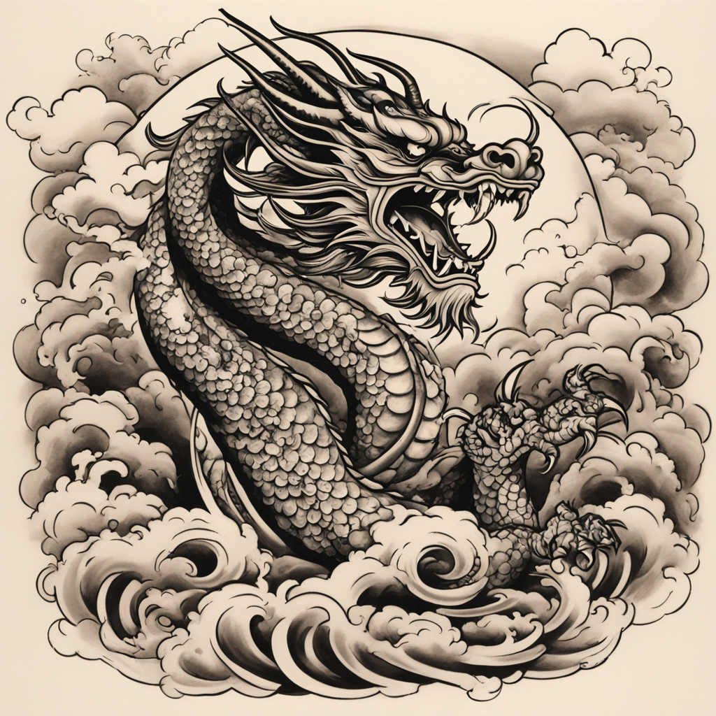 in the style of ignorant tattoo, with a tattoo of Japanese dragon spitting fire with clouds behind
