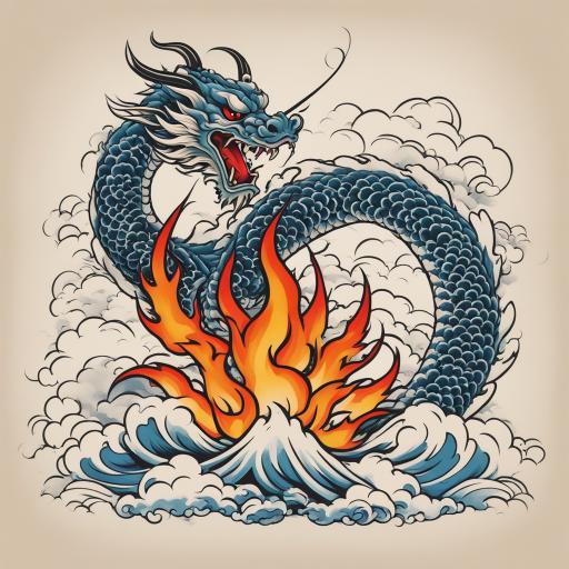 in the style of japanese tattoo, with a tattoo of Japanese dragon spitting fire with clouds behind
